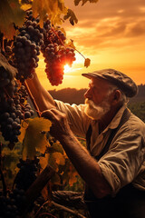 Fototapeta premium farmer grandfather collects ripe grapes grapes