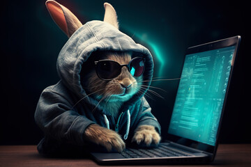 Programmer Bunny with laptop. Easter day concept. Generative Ai.