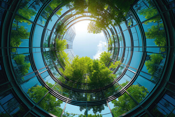 green office. Eco-friendly building in the modern city. Sustainable glass office building with tree for reducing carbon dioxide. Office building with green environment. Corporate building reduce CO2. 