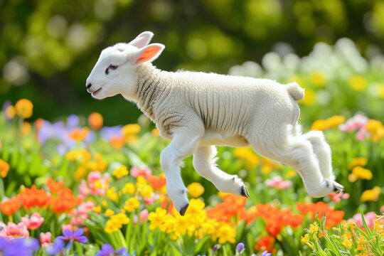 A cute white lamb leaping joyfully amidst vibrant spring flowers