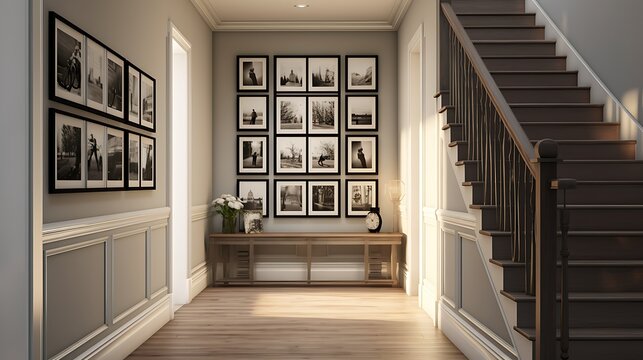 A gallery wall in the hallway with a mix of family photos and artwork.