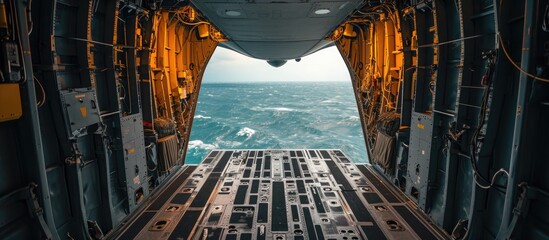 C-130 military transport plane rear door opened for baggage release, military aid training, sea rescue. - obrazy, fototapety, plakaty