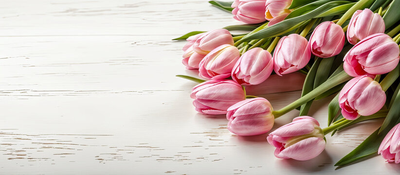 Pink tulips bouqet, spring flowers on white table background. Women's Day, Mother's Day, Valentine's Day panoramic banner, elegant background, copy space. Generative AI.