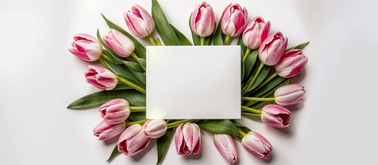 Pink tulips, spring flowers with blank paper card in the center, on white background. Women's Day, Mother's Day, Valentine's Day panoramic banner,  background, copy space, top down. Generative AI.