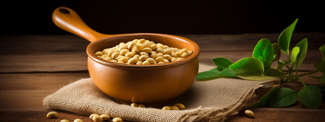 soybeans in a clay bowl and a wooden spoon on a wooden background