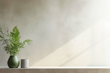 White empty concrete textured wall and podium stage background, green glass vase with plants, neutral sustainable natural brand product showcase template, mock up with copy space 