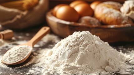 White flour on the background of the kitchen table. Baking powder.