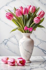 Pink tulips bouqet with bow in vase, spring flowers on white marble background. Women's Day, Mother's Day, Valentine's Day vertical post template,  background, copy space, top down. Generative AI.