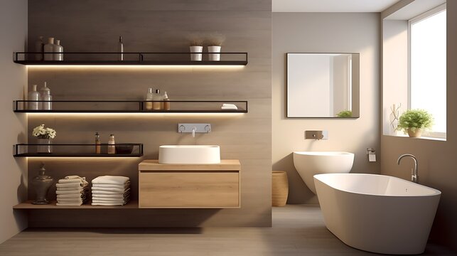 A wall of floating shelves in the bathroom for stylish storage.