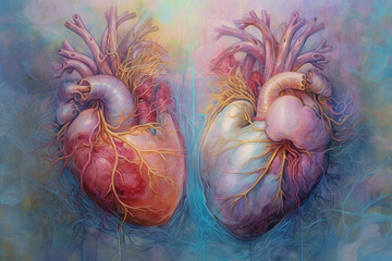 Colorful artistic representation of human hearts with detailed anatomy