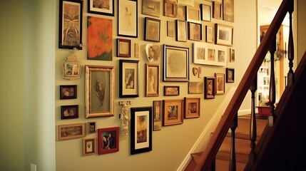 A wall of framed vintage postcards in the hallway.
