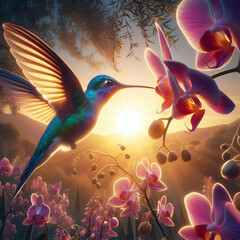 humming birds hovering above orchids - obrazy, fototapety, plakaty
