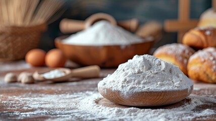 Fototapeta na wymiar White flour on the background of the kitchen table. Baking powder.