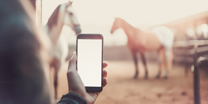 Person hand with smart phone with empty white mockup space on hippodrome