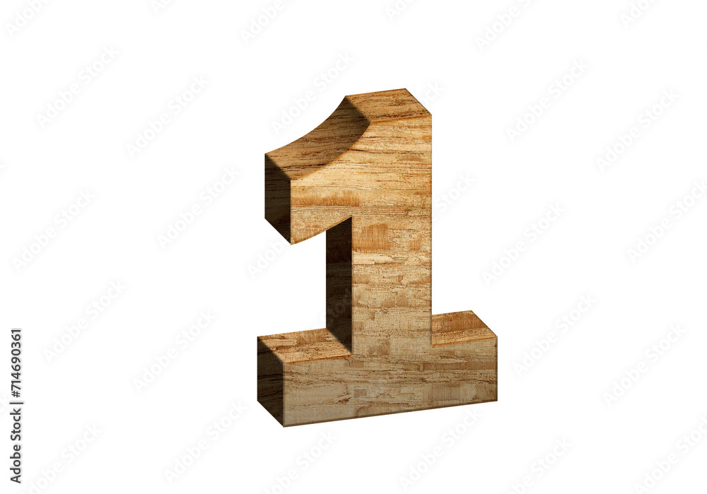 Fototapete 3d wood numbers, alphabet number one made of wood material, high-resolution image of 3d font, ready 