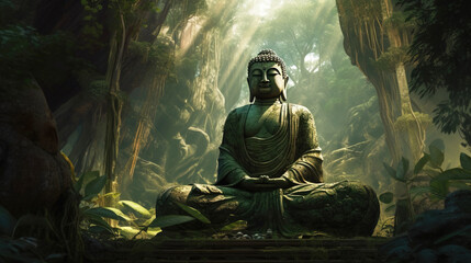 Hindu ancient religious buddha statue in dense tropical forest jungle. - obrazy, fototapety, plakaty