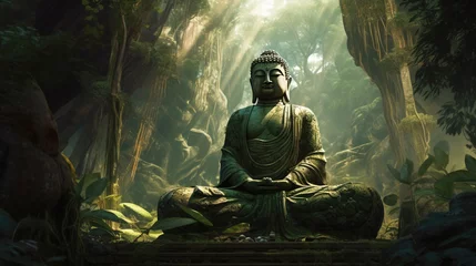 Fotobehang Hindu ancient religious buddha statue in dense tropical forest jungle. © Serhii