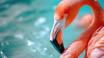 A closeup of a flamingo in the sea on Renaissance Island, Aruba 
