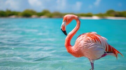 Pink flamingo in water, travel concept 