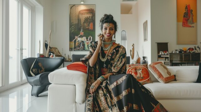 A candid photo of an eccentric artistic smiling indian female woman in haute couture, posing in a white modern living room, black and brown pastel colors.