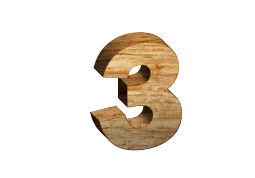 3d Wood Numbers, Alphabet Number Three made of wood material, high-resolution image of 3d font, ready to use for graphic design purposes