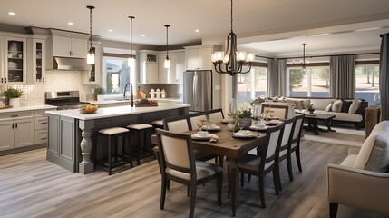 An open concept kitchen that connects to the dining and living areas.