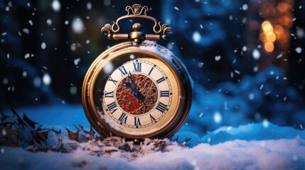 an elegant vintage clock in the snow with lots of snow. Snowfall in the winter night background concept.