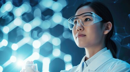 Abstract portrait of asian woman scientist in front of hexagonal structure , science and research concept.