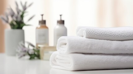 Obraz na płótnie Canvas Towels, aromatic oils and flowers for beauty treatments, massage, skin care in a white office, spa, beauty services
