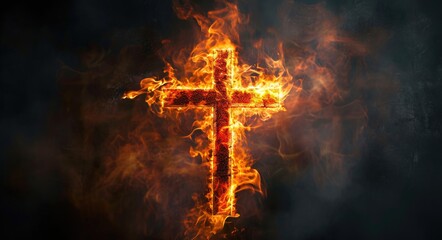 Burning Christian Cross in the Darkness: Symbol of Faith and Heat - obrazy, fototapety, plakaty
