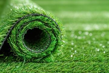 Synthetic Turf: Close-up of Artificial Rolled Green Grass for Playgrounds and Sports Fields - obrazy, fototapety, plakaty