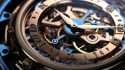 Close up of detailed gear and cogs moving inside of watch and clock engine. Wrist watch work mechanism
