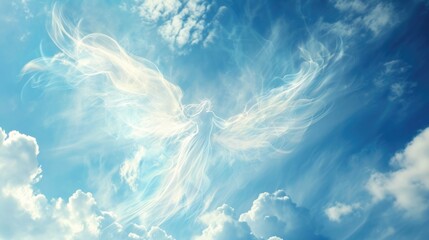 Beautiful white angel spirit in blue sky with cloud