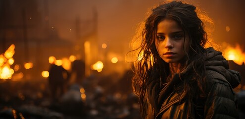 A lonely girl standing in the destroyed street city with fire building. World war zone background concept.	