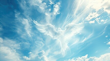 Angel spirit in blue sky with clouds. Symbol of dove of peace .