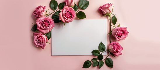 Pink roses, flowers on pink background with blank card. Panoramic background banner Mother's Day, Women's Day, Valentine's Day. Copy space, top down, romantic. Generative AI.