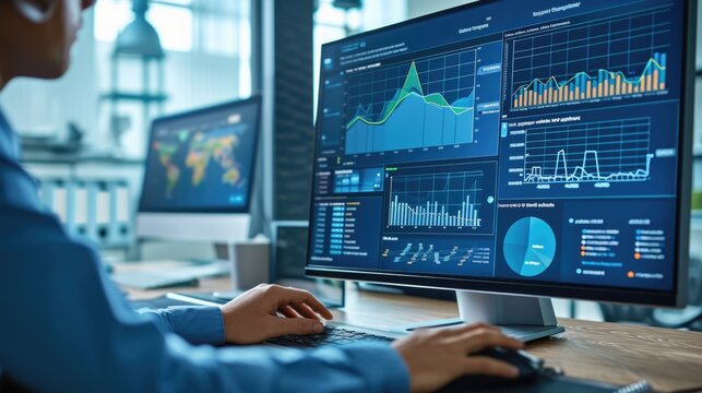 An analyst uses a computer and dashboard for data business analysis and Data Management System with KPI and metrics connected to the database for technology finance, operations, sales, marketing