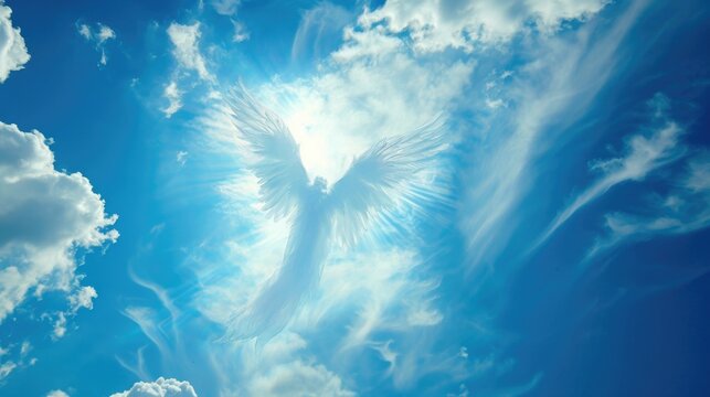 Angel spirit in blue sky with clouds , pigeon of peace . Religion symbol 