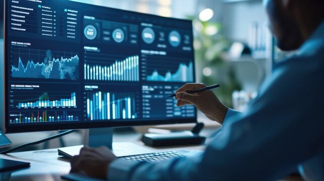 Monitor of computer and dashboard for data business analysis and Data Management System with KPI and metrics connected to the database for technology finance, operations, sales, marketing 
