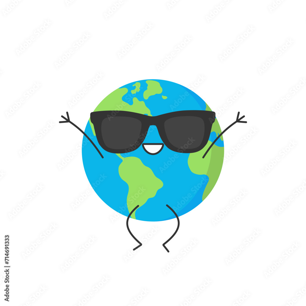 Wall mural earth cute character cartoon sunglasses planet jumping greeting smiling face happy joy emotions vect