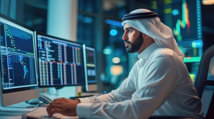Arab Market Financial Analyst Working in a Research and Development Facility on a Desktop Computer. Focused Middle Eastern Specialist Managing Corporate Investment Portfolio in Modern Office