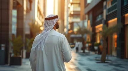 Tuinposter Successful middle-eastern man wearing emirati kandora traditional clothing in the city - Arabian muslim businessman strolling in urban business centre. © Hope