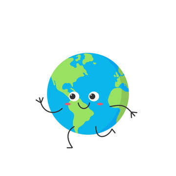 Earth cute character cartoon planet running smiling face happy joy emotions vector illustration.