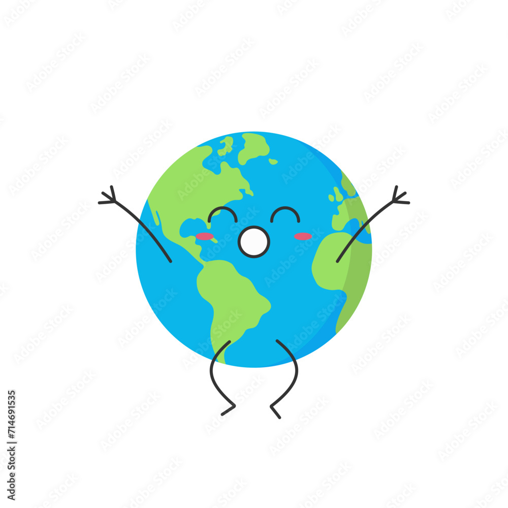 Wall mural earth cute character cartoon planet jump greet smiling face happy joy emotions vector illustration.