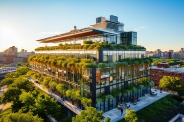 Obraz premium Energy-efficient building stands tall amidst a cityscape. Its design features green walls, solar panels, and energy-efficient windows.