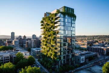 Fototapeta na wymiar Energy-efficient building stands tall amidst a cityscape. Its design features green walls, solar panels, and energy-efficient windows.