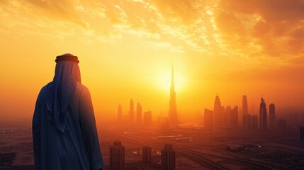 Young arabic man looking to the sunrise, sunset Dubai  - obrazy, fototapety, plakaty
