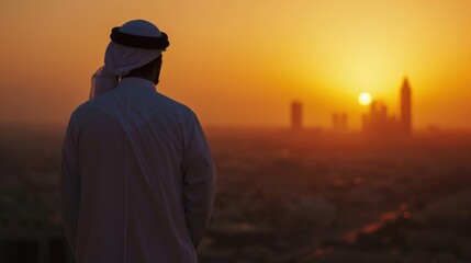 Mature arabic  man looking to the sunrise, sunset Dubai 
