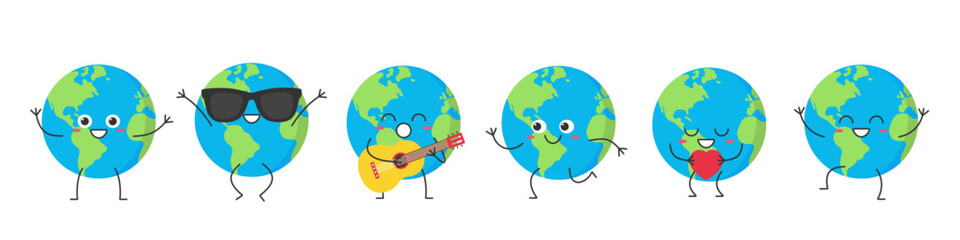 Set Earth cute character cartoon planet greet jump love run sing smile face happy joy emotions vector illustration.