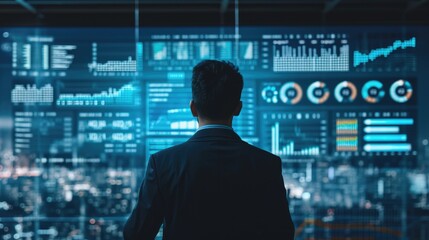 Businessman standing against large media digital screen cyber world concept